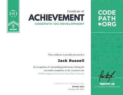 Photo of Jack's CodePath iOS Development Course Certification