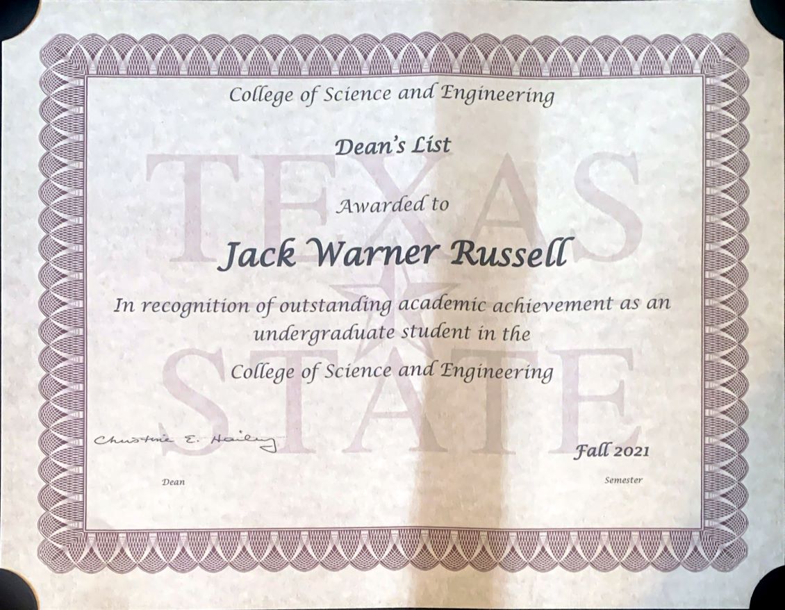 The Deans List Certificate Awarded to Jack
