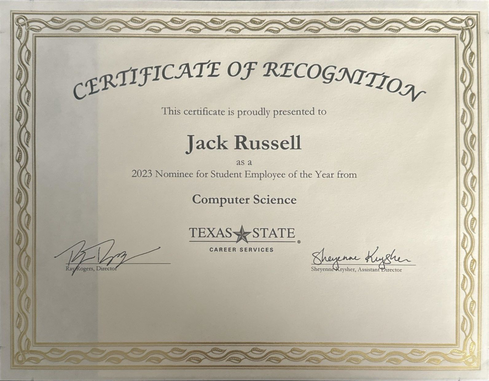Photo of Jack's 2023 Student Employee of the Year Nomination