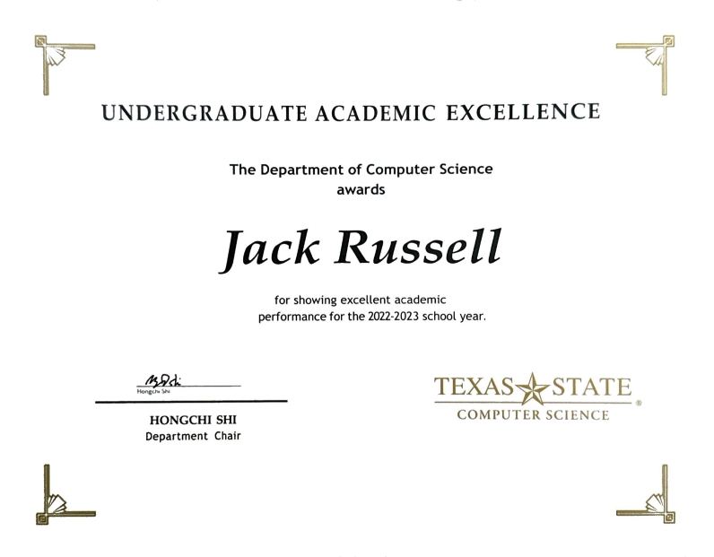 Photo of Jack's 2023 Computer Science Undergraduate Academic Excellence Award Certificate